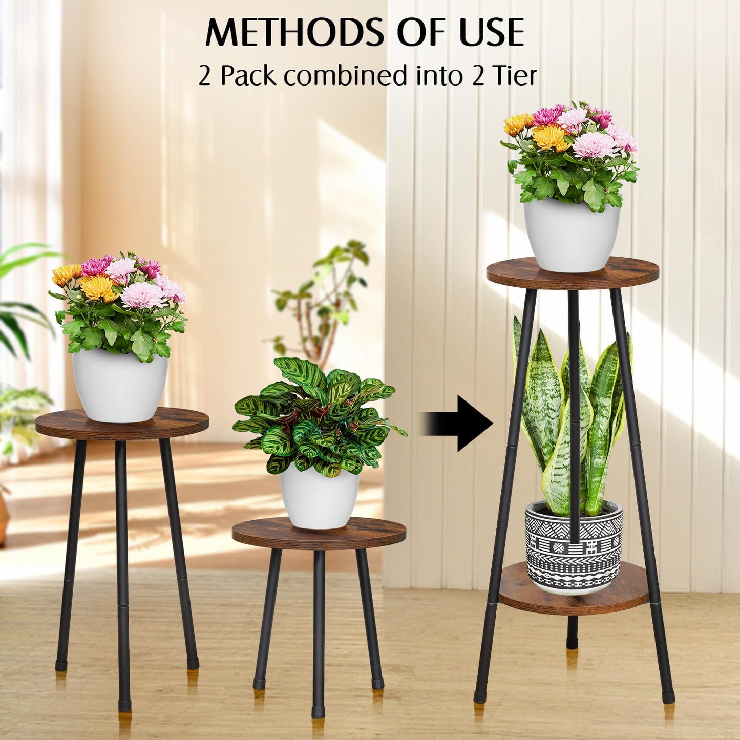 YENGOTH 2 Pack Indoor Plant Stand, Mid-Century Wooden Style Plant Holder, Indoor Outdoor Flower Stand,Small Round Table, Two Different Sizes(Black)