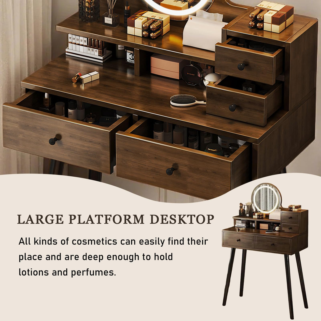 Solid Wood Makeup Vanity Desk with 3 Adjustable Lighted Mirror and Power Outlet, Dressing Table Set with Storage Drawer and 4 Wooden Shelves, Small Vanity for Dressing Room, Powder Room (Brown) QEWYHGRY