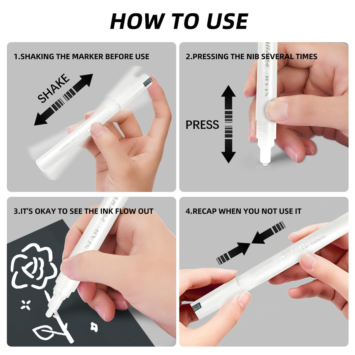 SFAIH White Paint Markers Pens - 4 Pack 2-3MM Medium Tip Acrylic White Permanent Markers for Rock Painting, Wood, Metal, Fabric, Plastic, Canvas, Glass, Ceramic, Diy Crafts, Drawing, Tire SFAIH