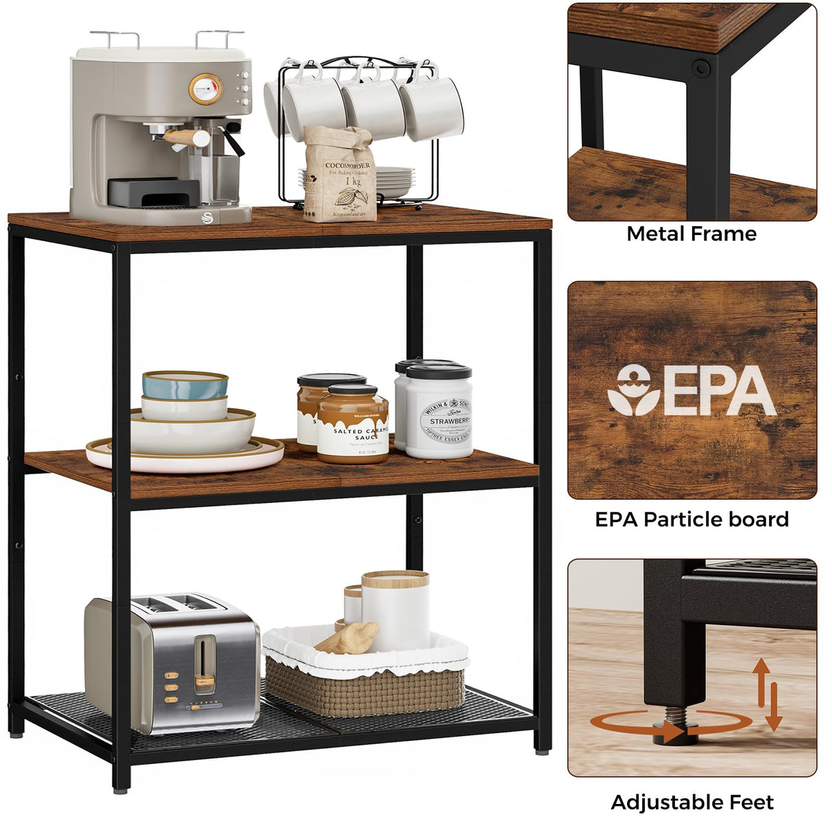 Homleke Kitchen Island with 3 Shelves, Kitchen Shelf with Large Workstation, Bakers Rack, Workbench, Metal Frame, Rustic Brown and Black Homleke