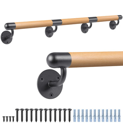 Dolibest 100 inch Wood Handrail Indoor Stairs Handrail Wall Mount Handrail w/Sturdy Metal Barckets, Non-Slip and Comfty Handrail Barrier-Free Staircase Grab Bar for Elderly, 1-1/2'' Round