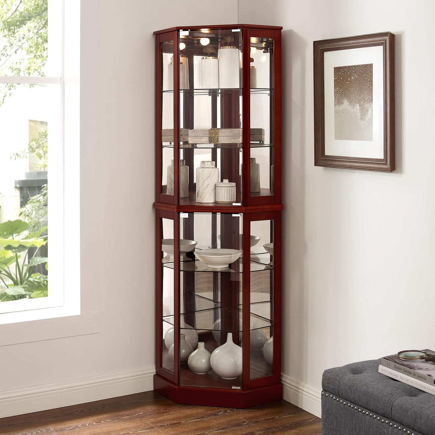 Lighted Curio Cabinet Corner Display Case for Living Room, China Hutch with Tempered Glass Doors and Shelves, Wooden Accent Cabinet, Bar and Liquor Storage Area(E26 light bulb not included) (Cherry)