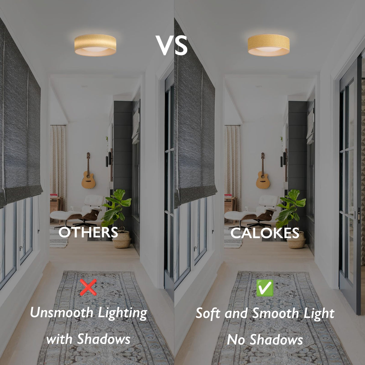 CALOKES 13" Woven Rattan-Style Boho Flush Mount Ceiling Light, LED 24W 3000K Closed to Ceiling Light Fixture with Classic Linen Drum Design for Bedrooms, Kitchen, Dining Room, Hallway CALOKES