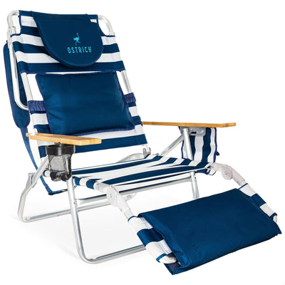 Ostrich Deluxe 3N1 Lightweight Lawn Beach Reclining Lounge Chair with Footrest, Outdoor Furniture for Patio, Balcony, Backyard, or Porch, Blue Stripe