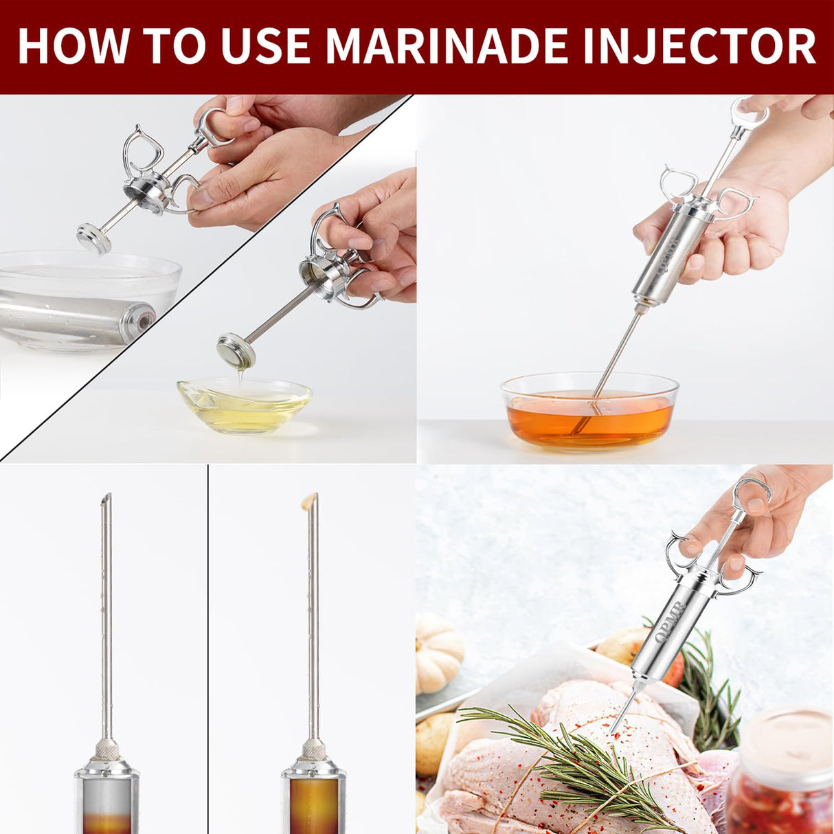 QPMR Meat Injector Syringe Kit, 2-oz Large Capacity Marinade Turkey Injector with 3pcs Stainless Steel Marinade Injector Needles for BBQ Grill Smoker & Turkey & Brisket QPMR