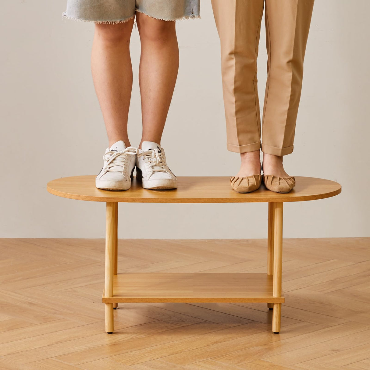 Aibiju Wooden Tea Table Small Coffee Table, 2 Tier Coffee Table for Living Room, 35x16x17inch TV Table Stand with Storage Shelf Natural Wood Color YD-012N Aibiju