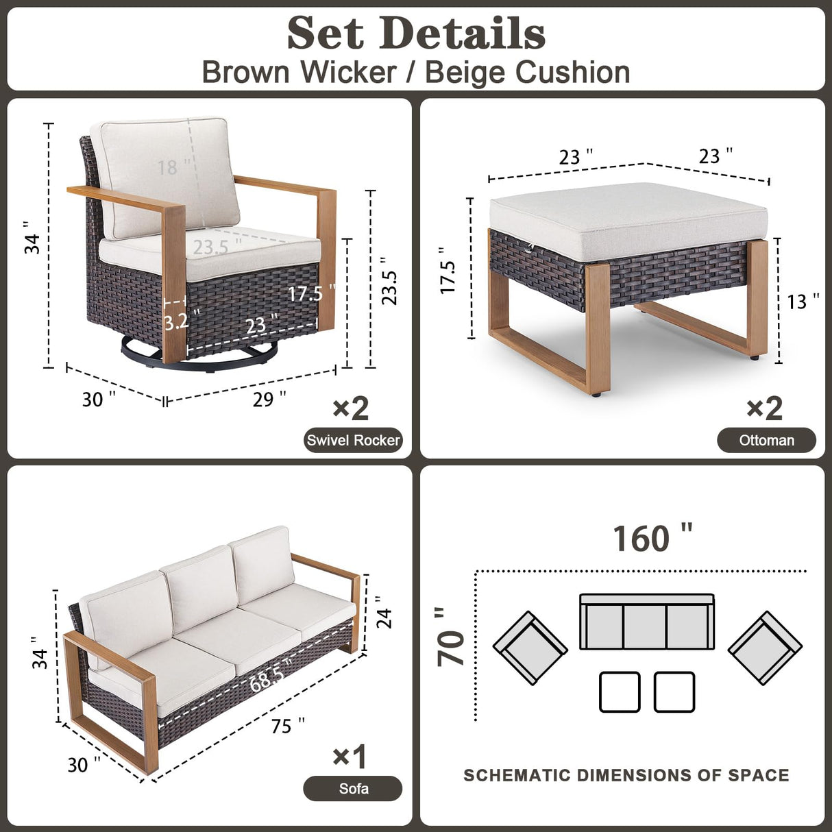 Belord 5 Piece Patio Furniture Set with Swivel Chairs, PE Wicker Patio Sofa Set Outdoor Swivel Rocker Patio Chairs with Anti-Rust Metal Wide Armrests for Deck Backyard Sunroom Belord