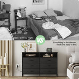OtterOasis Dresser for Bedroom with LED Lights and Charging Station, Fabric Black Bedroom Dresser 6 Long Drawers Dressers, Tall Wide Chest of Drawers TV Stand OtterOasis