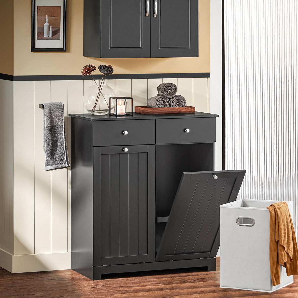 SoBuy Tilt-Out Bathroom Laundry Cabinet Hidden Hamper Organizer with Double Baskets and Drawers Storing Unit Storage Chest Cupboard, Black BZR33-SCH SoBuy