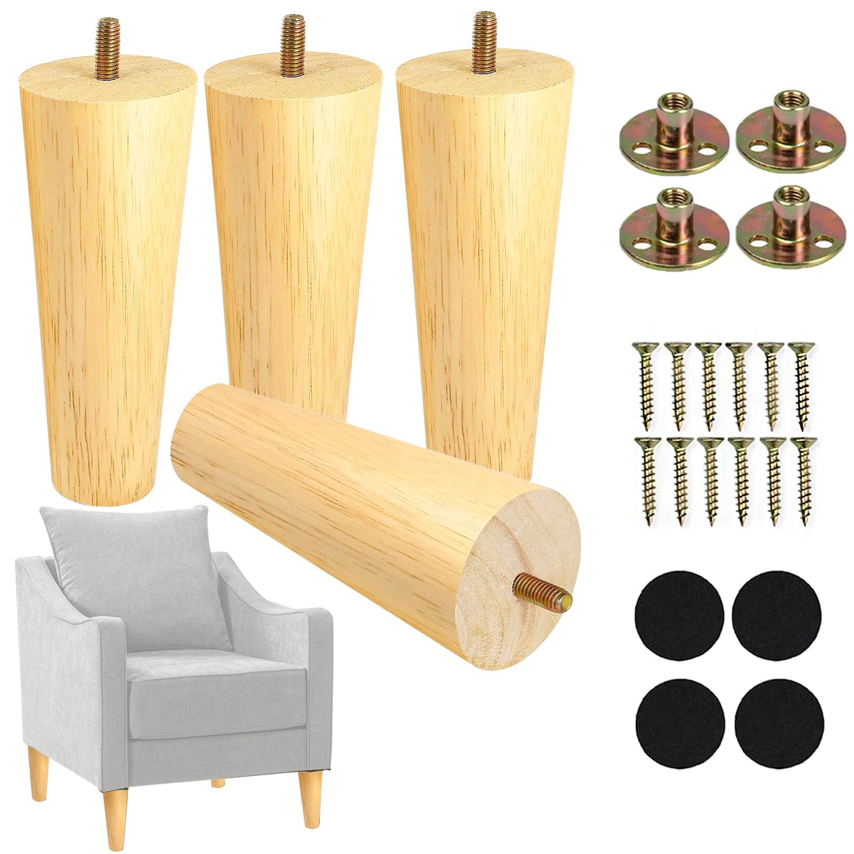 Yaliuliu 6 Inches Round Solid Wood Furniture Legs Set of 4, Natural Wooden Replacement Feet with Threaded 5/16'' Hanger Bolts for Sofa, Couch, Armchair, Cabinet, TV Stand, Ottoman and Dresser Yaliuliu