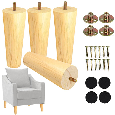 Yaliuliu 6 Inches Round Solid Wood Furniture Legs Set of 4, Natural Wooden Replacement Feet with Threaded 5/16'' Hanger Bolts for Sofa, Couch, Armchair, Cabinet, TV Stand, Ottoman and Dresser Yaliuliu