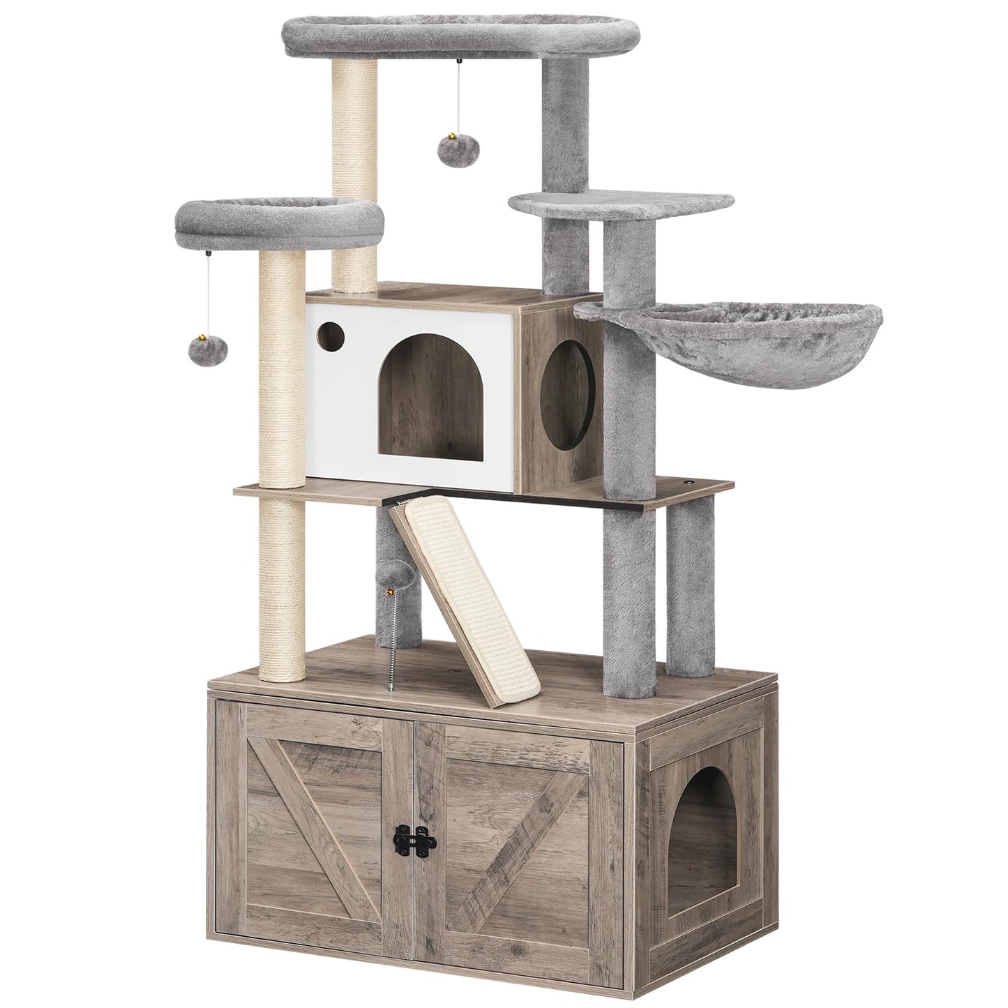 HOOBRO Cat Tree with Litter Box Enclosure, 59.1" Tall 2-in-1 Versatile Cat Tower with Hidden Litter Box Furniture, Cat Condo, Dangling Balls, Scratching Posts, Scratching Board, Greige BG50MZ03