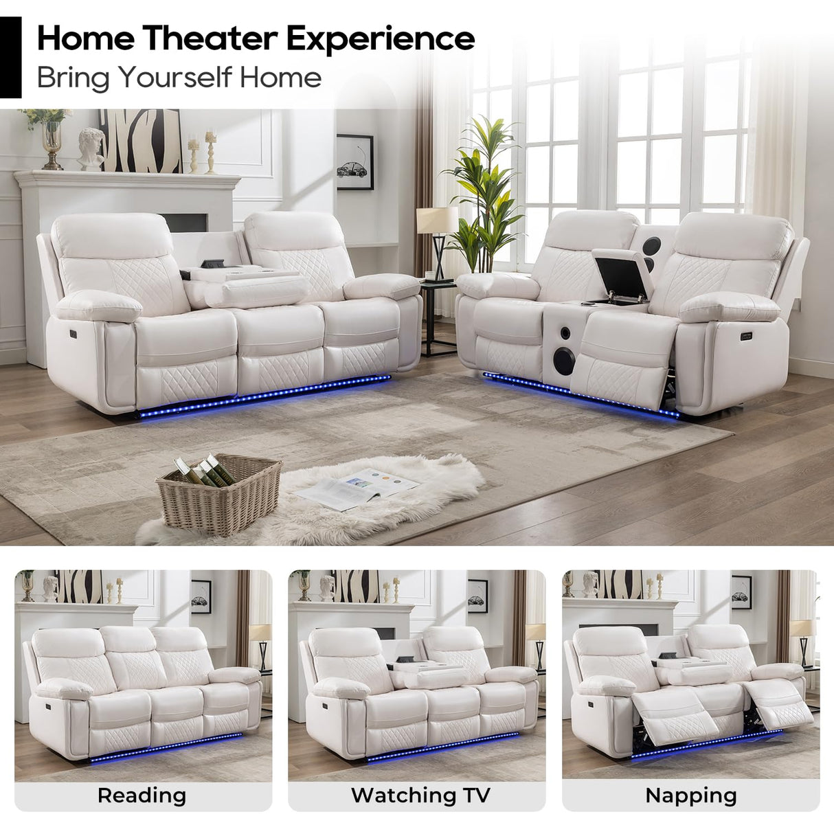 Power Recliner Sofa Set of 2 Piece with Bass Speakers for Living Room,Faux Leather Electric Zero Gravity 3 Seater Reclining Couch with Wireless Charger and Loveseat Theater Chair with LED Lights,White Comfort Stretch
