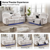 Power Recliner Sofa Set of 2 Piece with Bass Speakers for Living Room,Faux Leather Electric Zero Gravity 3 Seater Reclining Couch with Wireless Charger and Loveseat Theater Chair with LED Lights,White Comfort Stretch