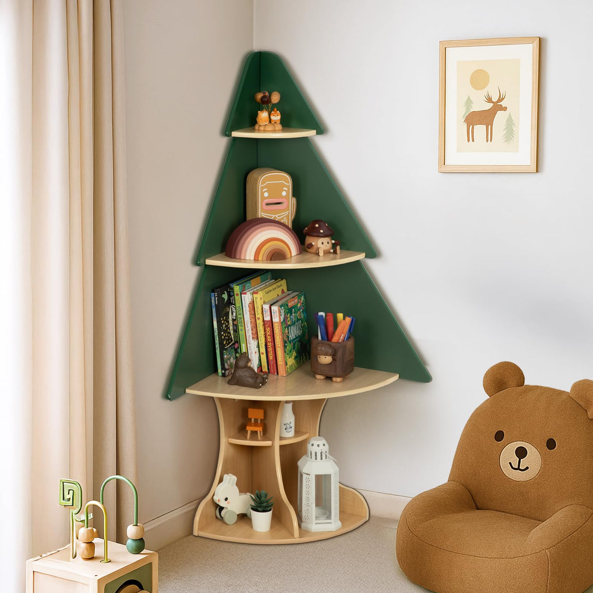 OOOK Kids Book Shelf Tree Bookshelf for Kids, Corner Bookshelf with Storage, Montessori Book Shelf for Classroom, Playroom, Bedroom, Nursery OOOK