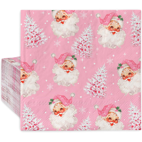 AnyDesign 80 Pack Pink Christmas Napkins Santa Xmas Tree Disposable Napkins Merry Christmas Paper Luncheon Napkins for Xmas Winter Holiday Birthday Party Supplies, 6.5 x 6.5 Inch Generic
