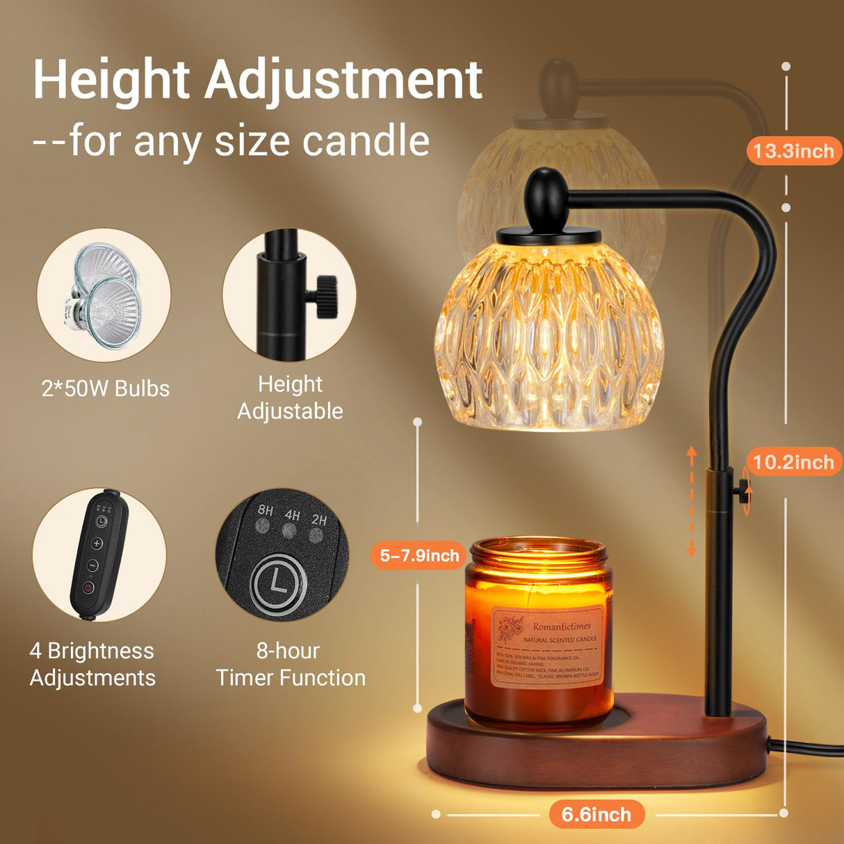 NVRGIUP Candle Lamp with Timer & Dimmer - Height Adjustable for Scented Candles, With 2 * 50W Bulbs - Home Decor Gift for Mothers Day (Black) NVRGIUP
