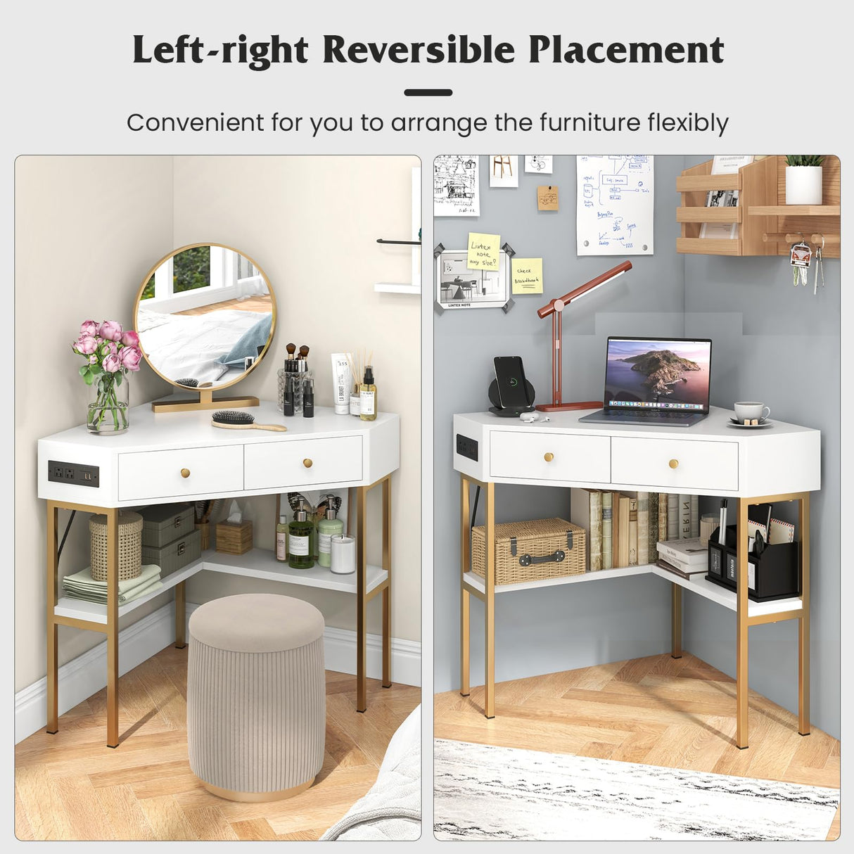 Tangkula White Corner Desk with 2 Drawers & Built-in Charging Station, 90 Degrees Triangle Corner Computer Desk for Small Space, Bedroom Makeup Vanity Desk with Storage Shelves, Corner Writing Desk Tangkula