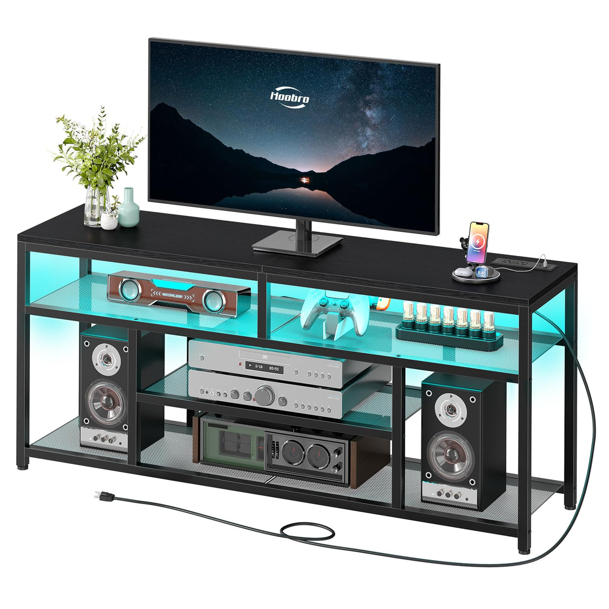 HOOBRO LED TV Stand with Charging Station, 4-Tier Entertainment Gaming Center, Modern Media Console Table, Open Shelves, 55.1"L x 13.8"W x 26.2"H, for TVs up to 65", for Living Room, Black BB47UDDS01 HOOBRO