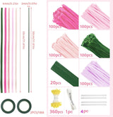500 Pcs Pipe Cleaners Craft，5 Colors Pipe Cleaners Bulk,Chenille Stems Flowers Craft kit for DIY Handmade Bouquet Wrapping Party Decorations whit Ribbons，Stems,Tape，Stamens, Glue Sticks (Pink) Anyangjia