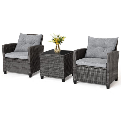 RELAX4LIFE Wicker Patio Furniture Sets - 3 Pieces Rattan Sofa Set, Outdoor Conversation Set with Tempered Glass Tabletop, Heavy-Duty Steel Frame, Wicker Chair Set for Poolside, Backyard, Grey RELAX4LIFE
