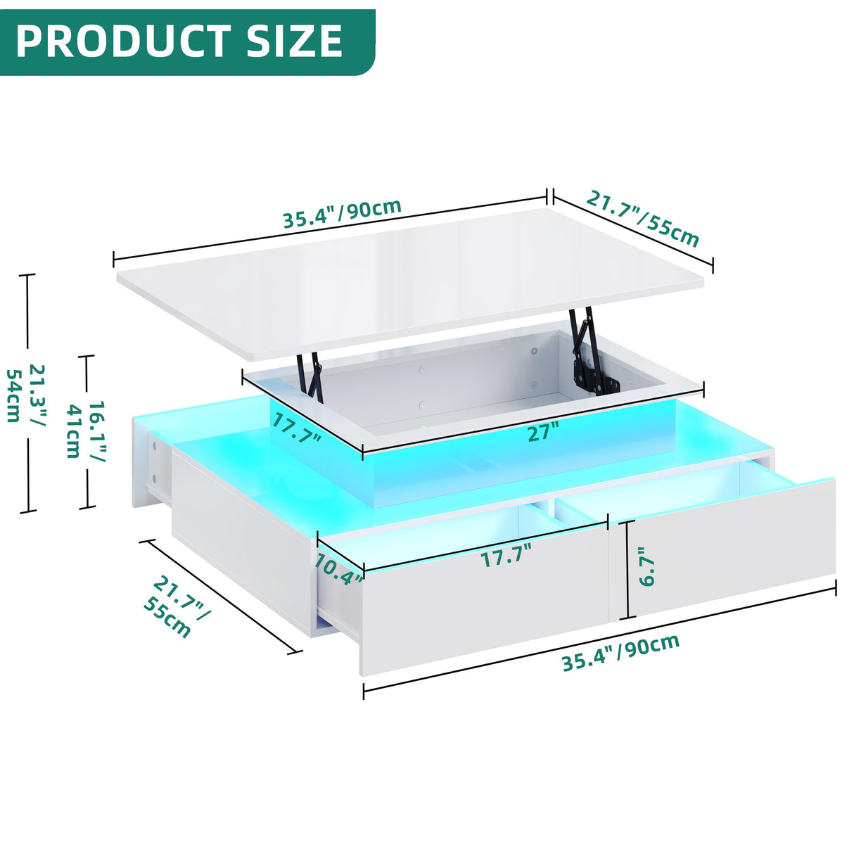 YITAHOME LED Lift Top Coffee Tables for Living Room, High Glossy Coffee Table with Storages 4 Spacious Drawers, Modern Rectangle Coffee Tables Small Center Table for Home Office, Glossy White YITAHOME
