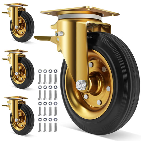 WBD WEIBIDA 8 In Heavy Duty Plate Casters Set of 4, 3200 Lbs Industrial Rubber Wheels for Cart Furniture and Workbench,Outdoor Castors Dual Locking Replacement (4 Brakes, Free Spanner) W B D WEIBIDA