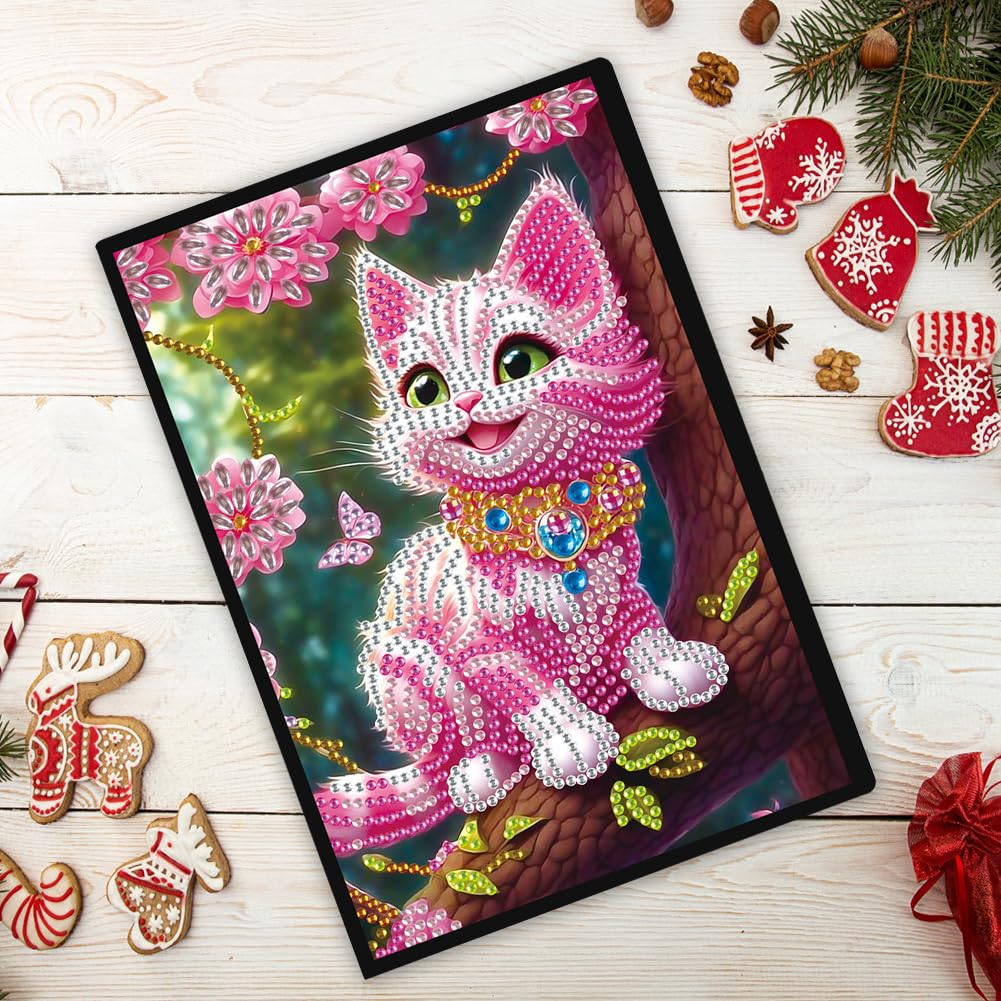 5D Diamond Art Painting Notebook Kits 50 Pages A5 Special Shaped Pink Cat Pattern Diamond Inlaid Handmade Notepad Drill Painting Wireless Strip Diary Book Birthdays Gifts for Teens Generic