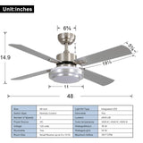 FINXIN Indoor Ceiling Fan Light Fixtures Remote LED 48 Brushed Nickel Ceiling Fans for Bedroom,Living Room,Dining Room Including Motor,Remote Switch (48" 4-Blades) FINXIN