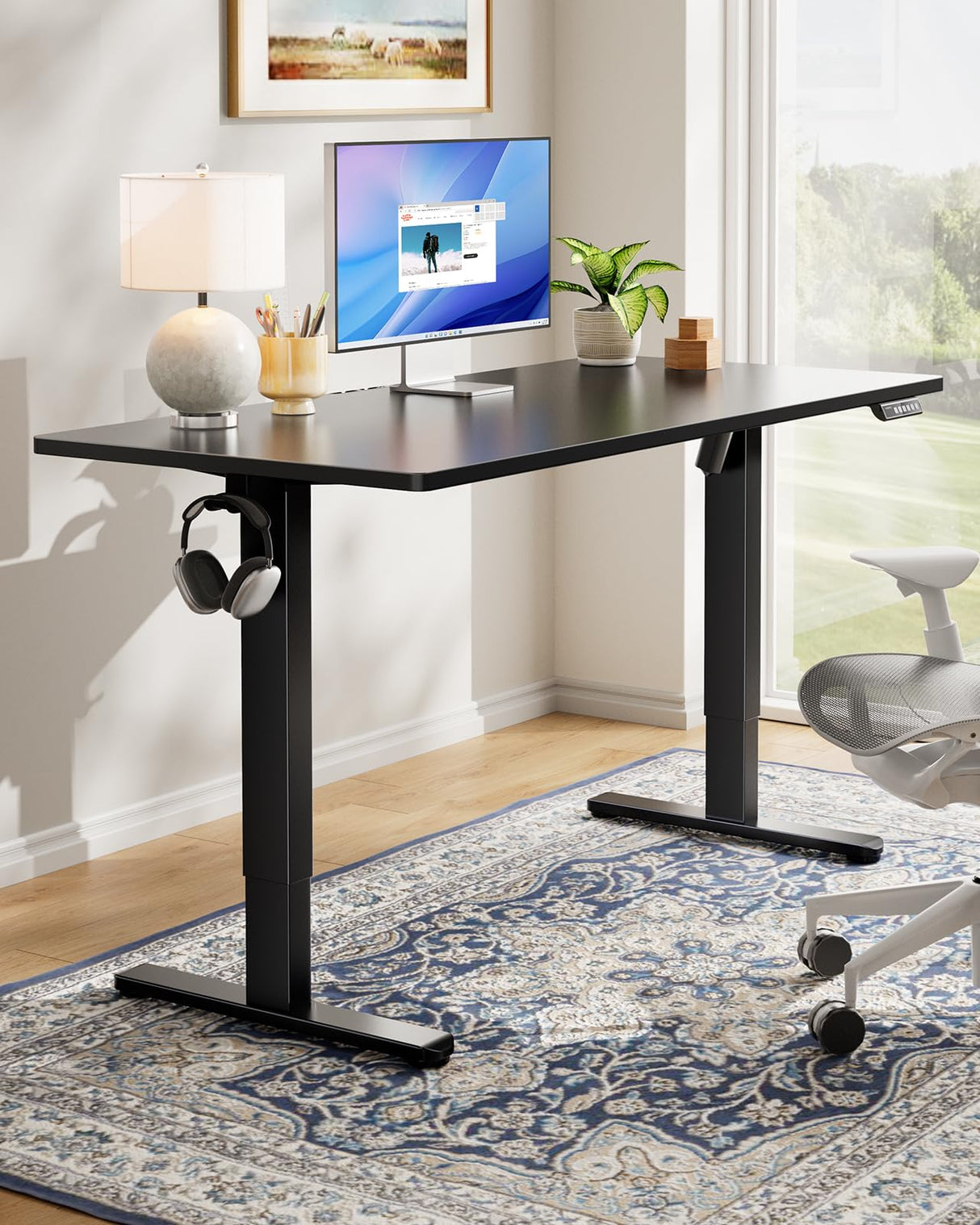 HUANUO Electric Standing Desk, 60" x 24" Whole Piece Desktop, Adjustable Height Computer Desk, 4 Height Memory Settings, Sit Stand Up Desk for Home Office, Black HUANUO