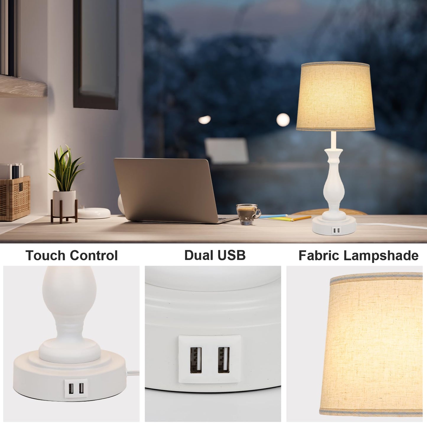 Farmhouse Table Lamp Touch Control 3-Way Dimmable Table Lamp, Modern Nightstand Lamp with 2 USB Port Bedside Desk Lamp with Fabric Shade for Living Room Bedroom Hotel (Pack-01 White) - WoodArtSupply