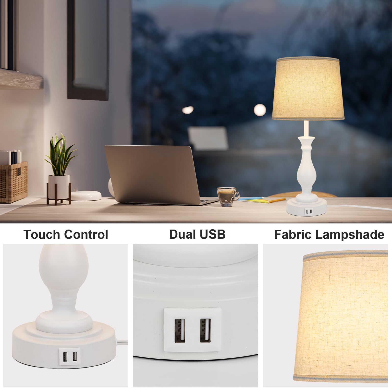 Farmhouse Table Lamp Touch Control 3-Way Dimmable Table Lamp, Modern Nightstand Lamp with 2 USB Port Bedside Desk Lamp with Fabric Shade for Living Room Bedroom Hotel (Pack-01 White) - WoodArtSupply