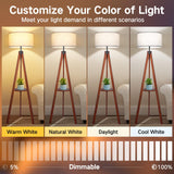 OUTON Dimmable Wood Tripod Floor Lamp with Shelves, Remote Control, Mid Century Modern Standing Lamp 58.5" for Bedroom, Living Room, and Office, Flaxen Lamp Shade Include E26 9W Bulb OUTON