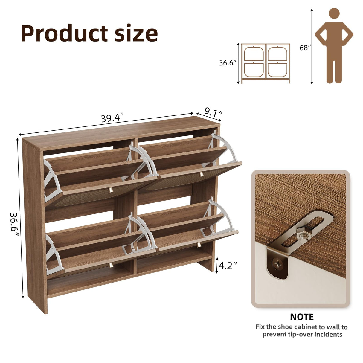 Nicetree Shoe Cabinet Storage for Entryway, Narrow Shoe Organizers with 4 Flip Drawers, Freestanding Large Shoe Rack with 3-Tier Adjustable Shelves for Hallway Nicetree