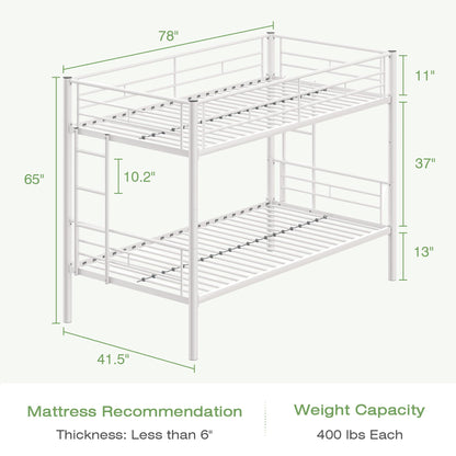 VECELO Bunk Bed Twin Over Twin, Metal Bunkbeds with Ladder and Full-Length Guardrail, No Box Spring Needed, Space Saving, Noise Free, White