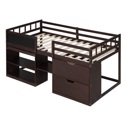 Harper & Bright Designs Low Loft Bed with Rolling Desk and Storage Shelves, Twin Size Loft Beds with 2 Drawers and Chalkboard, Wood Junior Twin Loft Bed Frame for Kids Boys Girls Teens, Espresso