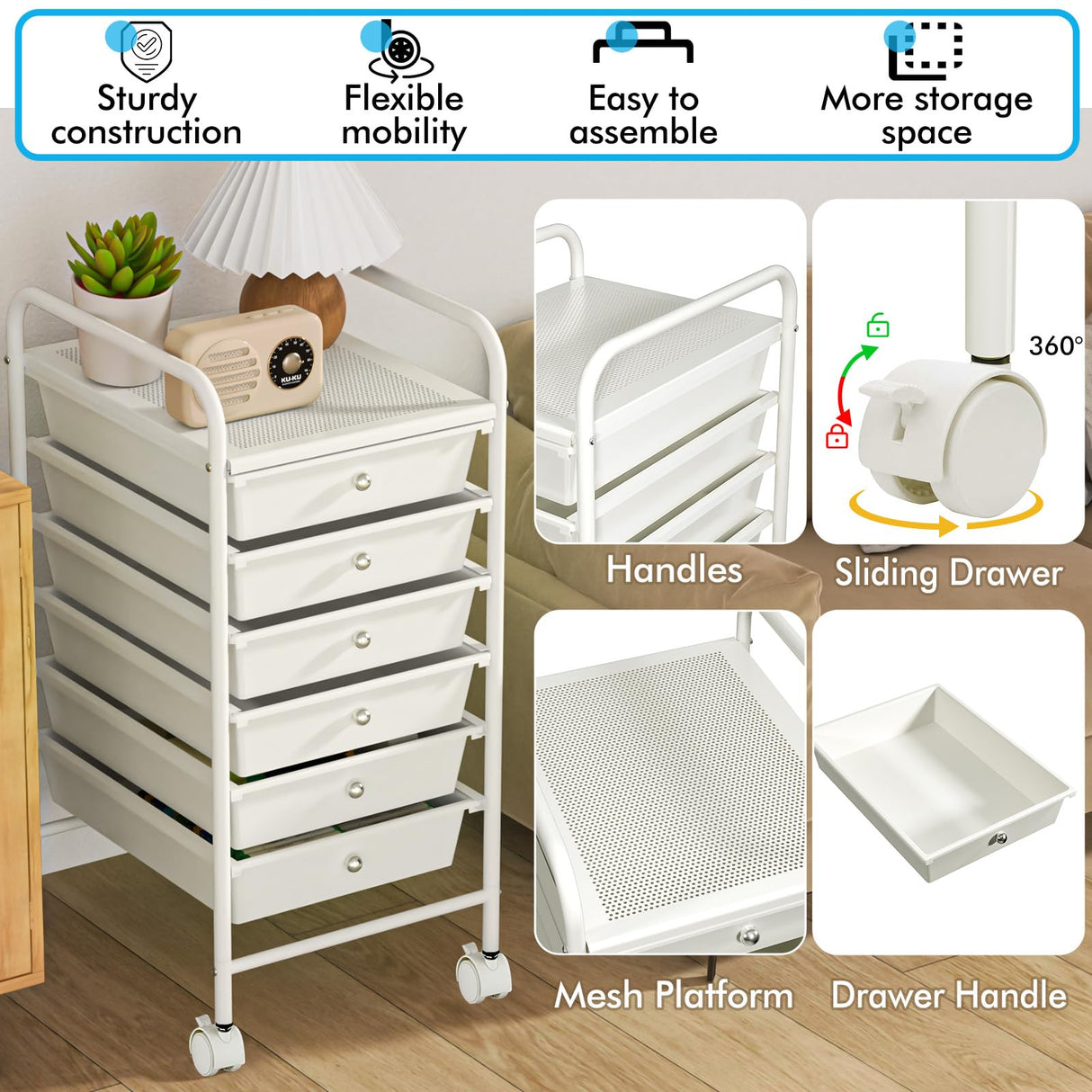 Storage Cart, Rolling Utility Cart with 6 Drawers, Multipurpose Storage Utility Cart on Wheels, for Home, Kitchen, Office, School, Teacher Vivihomety