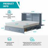 BALUS Murphy Bed Cabinet,Queen Murphy Bed with Tri-fold Mattress & USB Charging Station,Modern Wall Chest Beds with Folding Night Stand Trays and Storage Drawers for Bedroom Living Room,Grey-Blue BALUS