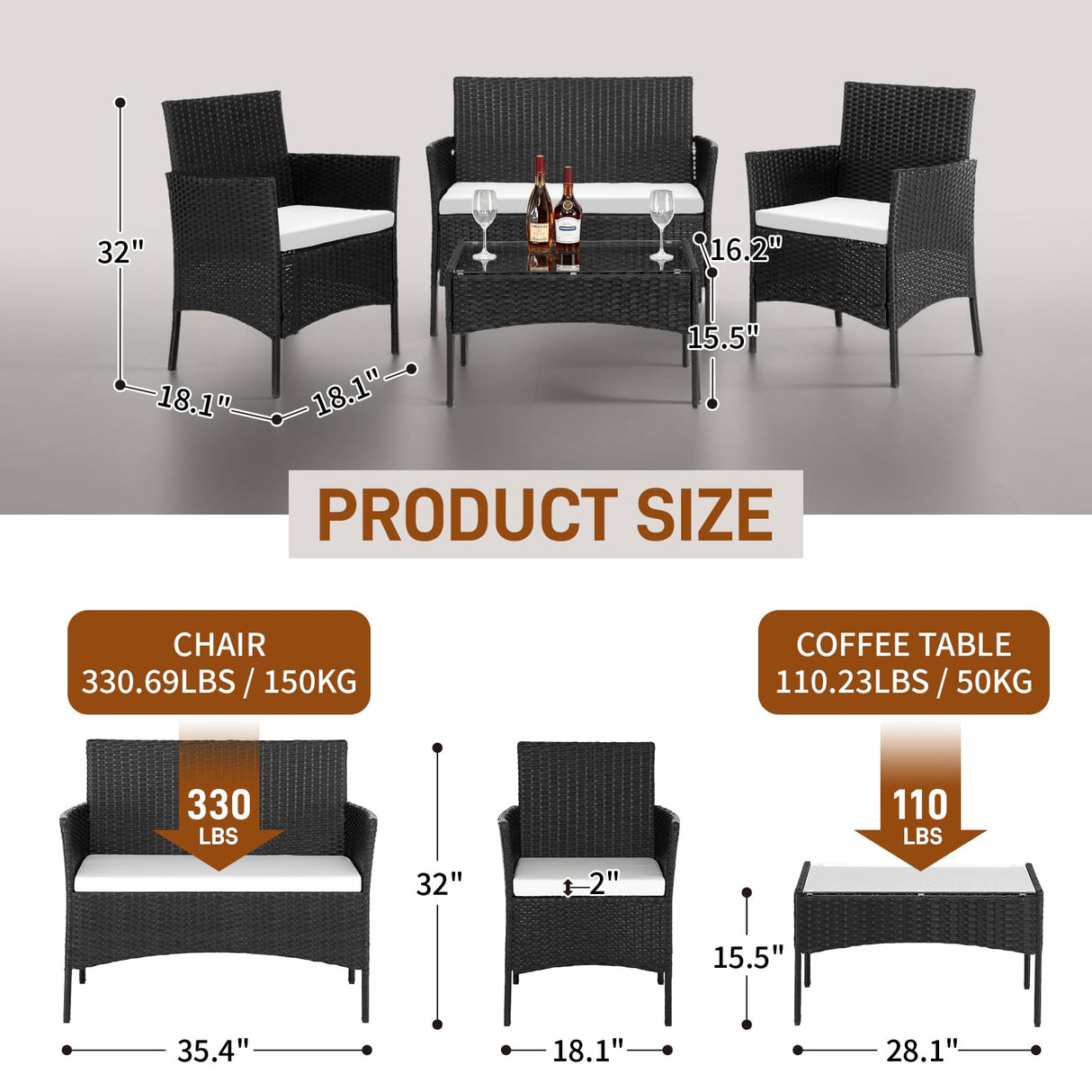 Outvita 4 Pieces Patio Furniture Set, Rattan Conversation Sets with Loveseat Soft Cushion and Glass Table for Garden Backyard Balcony Porch Poolside(Black) Outvita