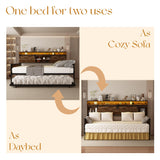 Daybed with Trundle and LED Light, Farmhouse Twin Daybed Frame with Storage Headboard & Charging Station, Heavy Duty Metal Day Bed with Sliding Barn Door for Living Room,Bedroom (Rustic Brown, Twin) HMYFGD