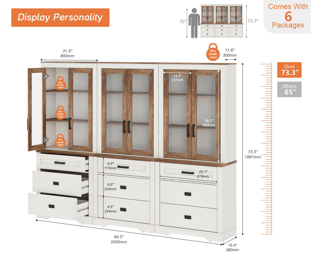 WAMPAT 3 Column 73.3" Tall Bookcase with Glass Door, 94.5" Wide Rustic Wood Bookshelves with Chest of Drawers, Modern Farmhouse Display Cabinet with Adjustable Shelves for Home,Office,White&Oak WAMPAT