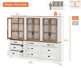 WAMPAT 3 Column 73.3" Tall Bookcase with Glass Door, 94.5" Wide Rustic Wood Bookshelves with Chest of Drawers, Modern Farmhouse Display Cabinet with Adjustable Shelves for Home,Office,White&Oak WAMPAT