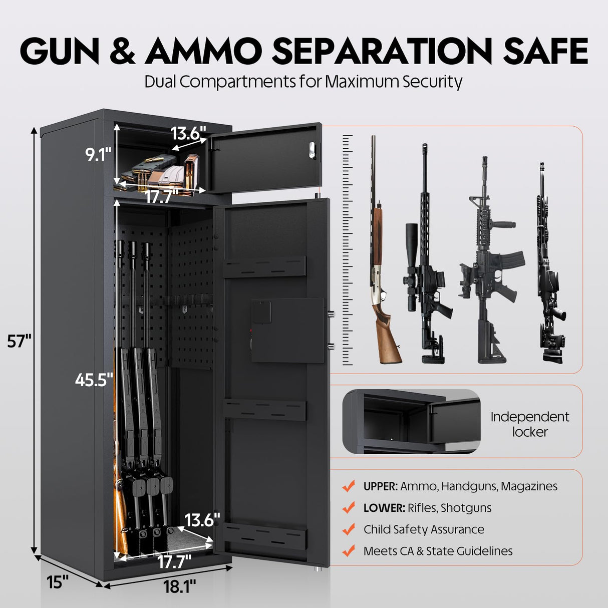 KAER 12-15 Gun Safe for Rifles and Pistols, Electronic Firearm Cabinet for Rifles & Shotguns Large Home Rifle Safe with Removable Shelves & Dedicated Lockbox KAER