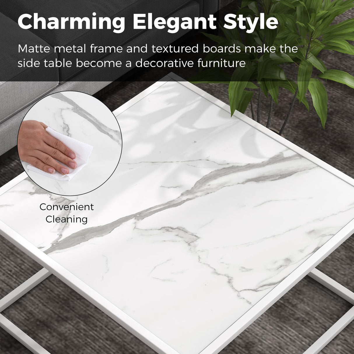 Giantex Square Coffee Table with Faux Marble Tabletop & Steel Frame, Center Cocktail Table, Accent Living Room Furniture, Low Bedside Table, Easy Assembly (White) Giantex