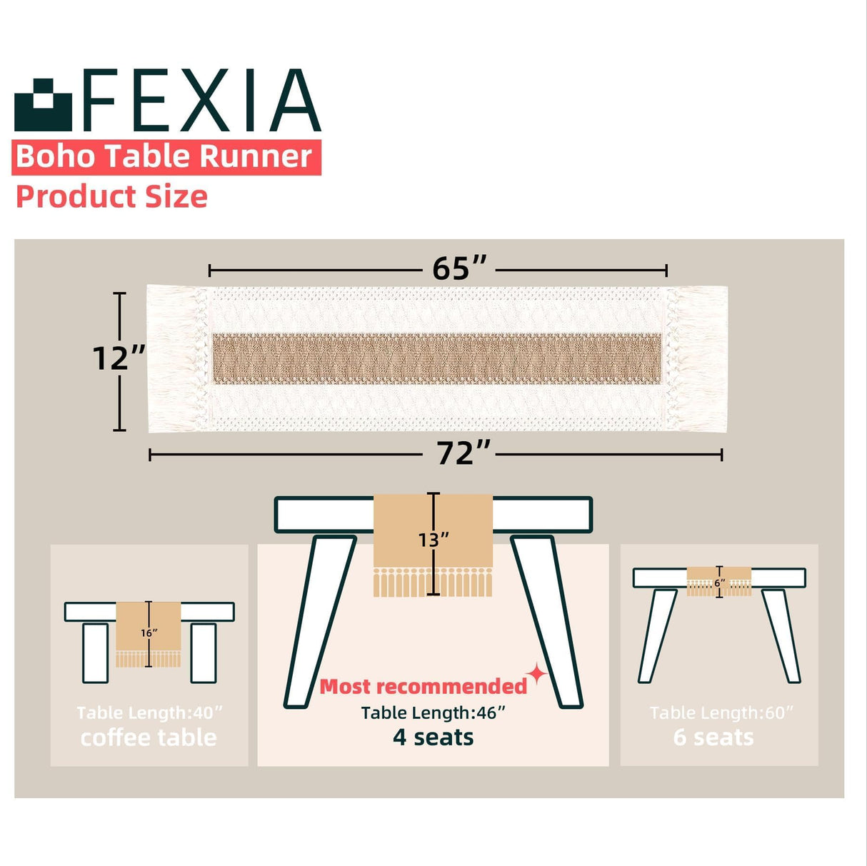FEXIA Boho Table Runner for Christmas Home Decor with Tassels 72 Inches Long Farmhouse Rustic Table Runner Macrame Burlap Table Decoration for Living Room Bridal Shower(12x72 Inches) FEXIA