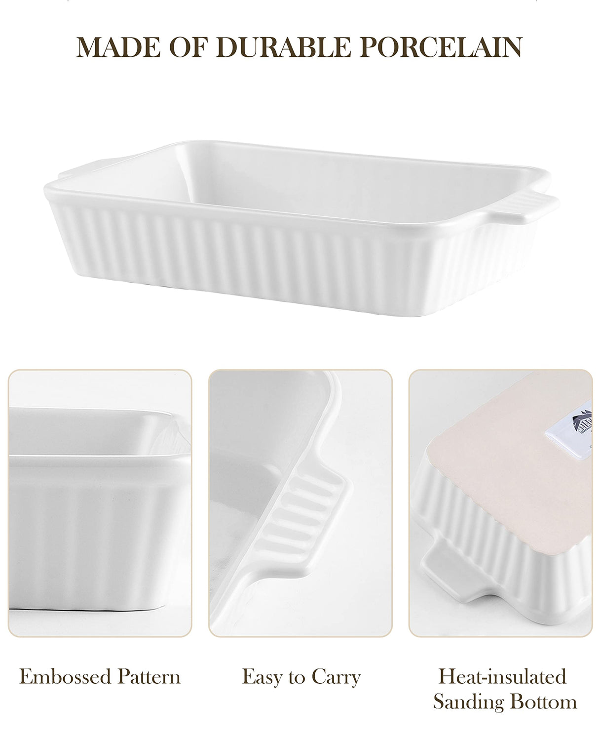 MALACASA Casserole Dishes for Oven, Porcelain Baking Dishes, Ceramic Bakeware Sets of 4, Rectangular Lasagna Pans Deep with Handles for Baking Cake Kitchen, White (9.4"/11.1"/12.2"/14.7"), Series MALACASA