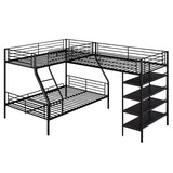 Triple Bunk Beds, L-Shape Twin Over Full Bunk Bed Attached a Loft Bed with Desk, Triple Bunk Beds with Slide, Metal Corner Bunk Bed Frame for Three Kids Boys Girls Teens, Antique Black Bellemave