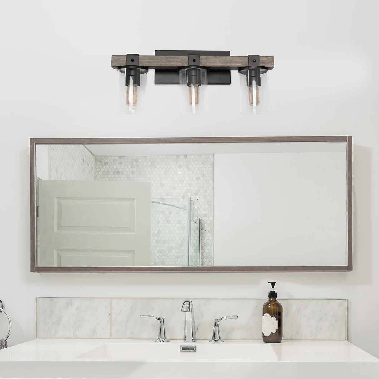 Elegant Designs VT1009-GRY Industrial Rustic Lantern Restored Wood Look 3 Light Bath Vanity, Gray Elegant Designs