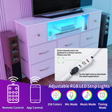 Fixwal Dresser for Bedroom with Power Outlets and LED Lights, White 55" TV Stand with 8 Drawers, Fabric Chest of Drawers with PU Finish for Living Room, Entryway Fixwal