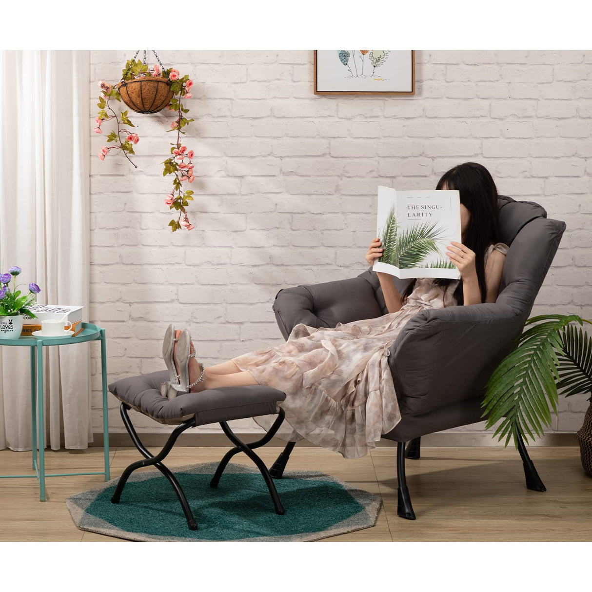 HollyHOME Fabric Lazy Chair with Foldable Ottoman, Accent Comfy Lounge Arm Chair and Folding Footrest Stool Set, Leisure Sofa Reading Chair and Footstool for Living Room, Bedroom, Dorm, Dark Grey HollyHOME